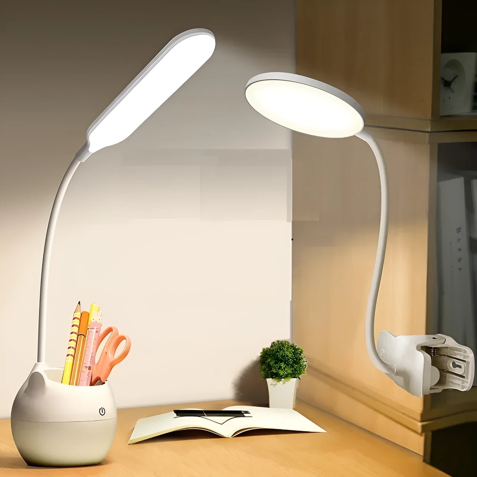 White rechargeable LED clip desk lamp with adjustable brightness settings and eye protection design for study use