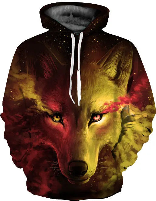 Men's loose fit hoodie with 3D digital print, long sleeves, hood collar, in blue, red, or yellow
