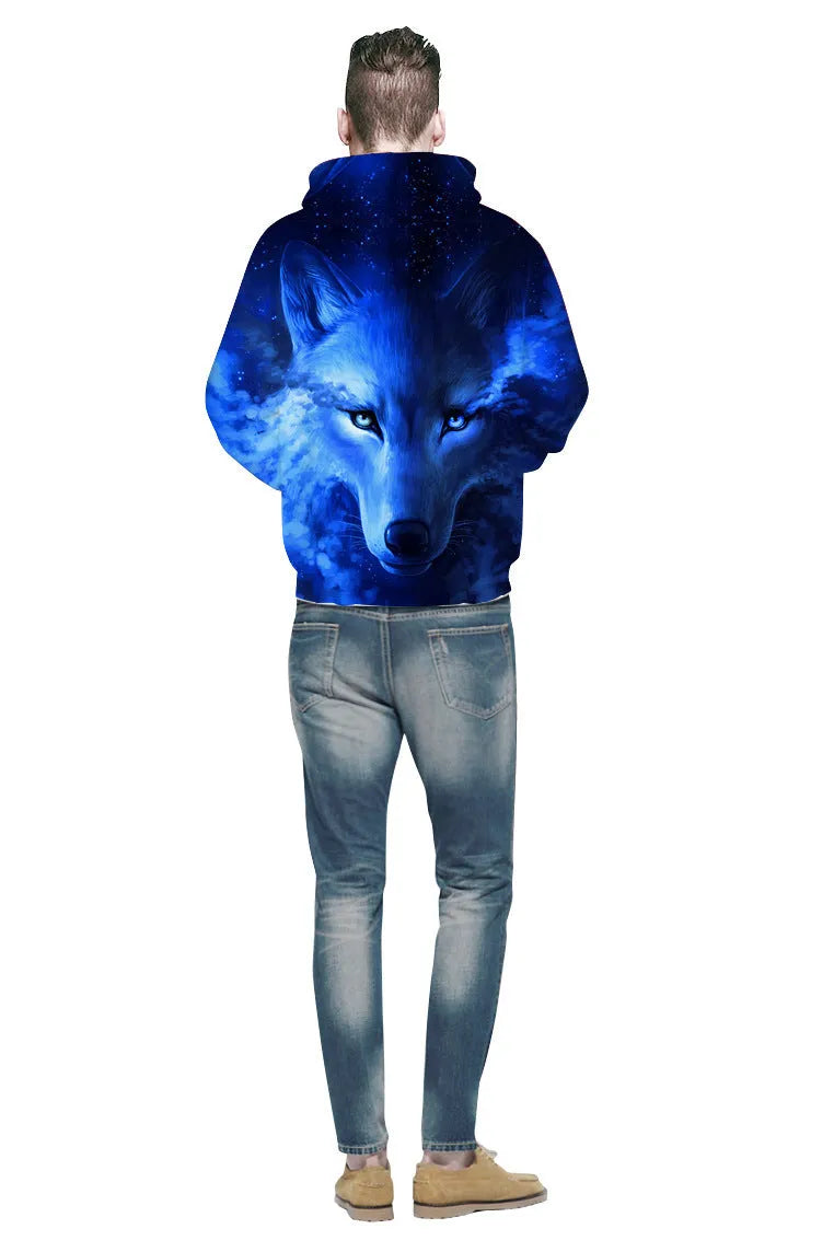 Men's loose fit hoodie with 3D digital print, long sleeves, hood collar, in blue, red, or yellow