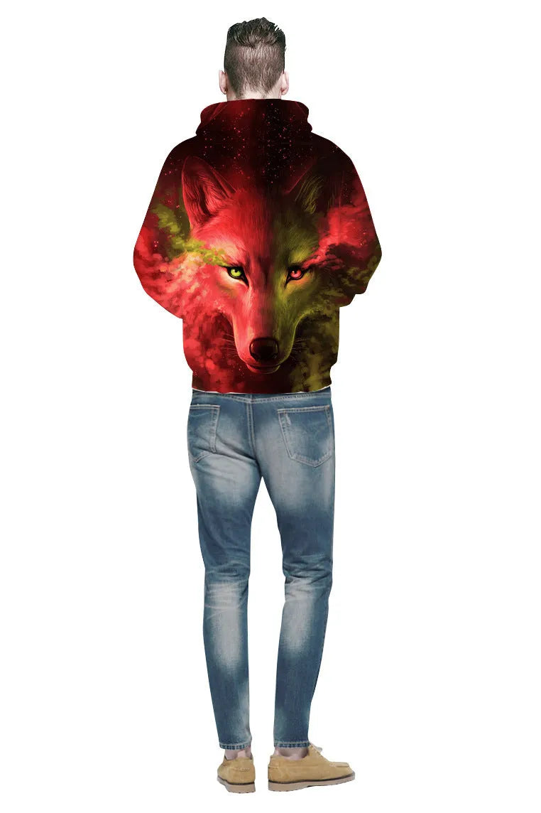 Men's loose fit hoodie with 3D digital print, long sleeves, hood collar, in blue, red, or yellow