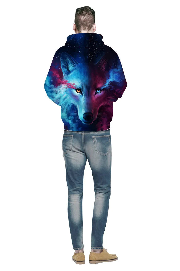 Men's loose fit hoodie with 3D digital print, long sleeves, hood collar, in blue, red, or yellow