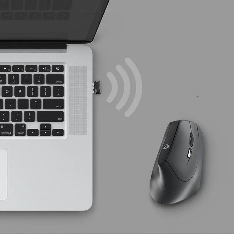 Black 2.4G wireless mouse with USB interface, 1600dpi optical sensor and six buttons, 118.8mm rat-size body