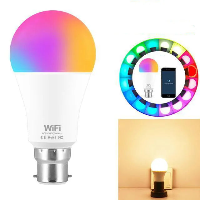 15W smart WiFi LED light bulb with RGB colour and white light modes for E27 and B22 fittings.