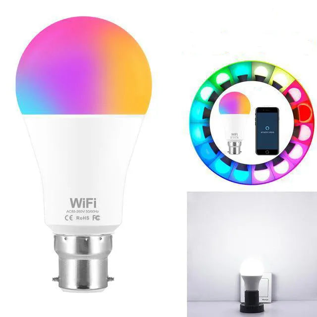 15W smart WiFi LED light bulb with RGB colour and white light modes for E27 and B22 fittings.