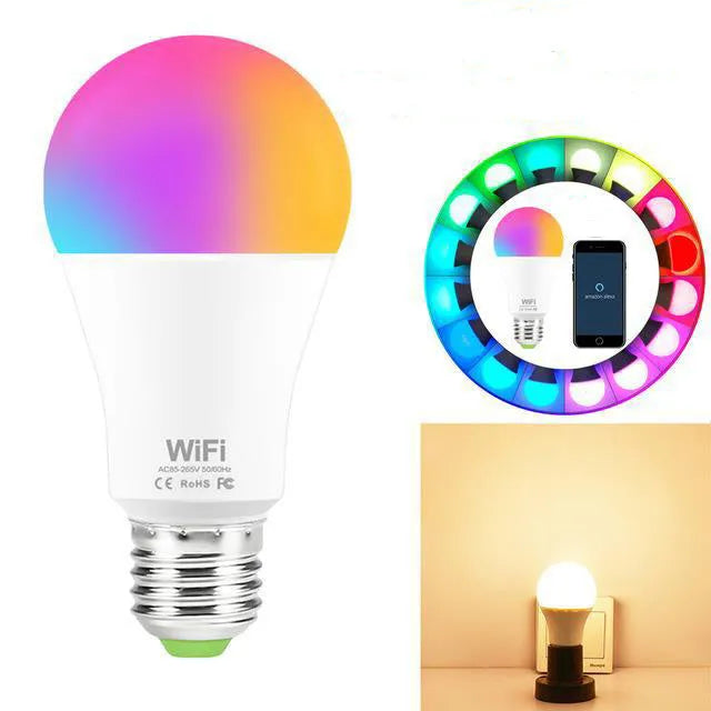 15W smart WiFi LED light bulb with RGB colour and white light modes for E27 and B22 fittings.