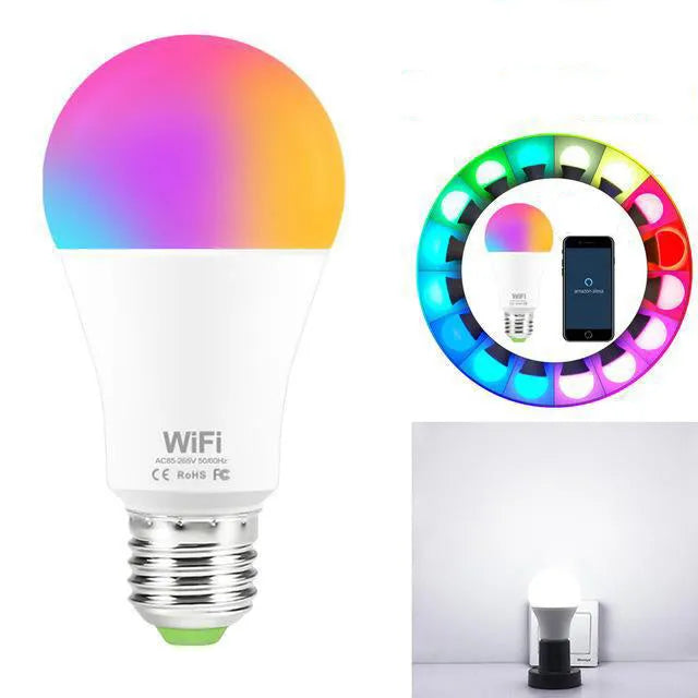 15W smart WiFi LED light bulb with RGB colour and white light modes for E27 and B22 fittings.