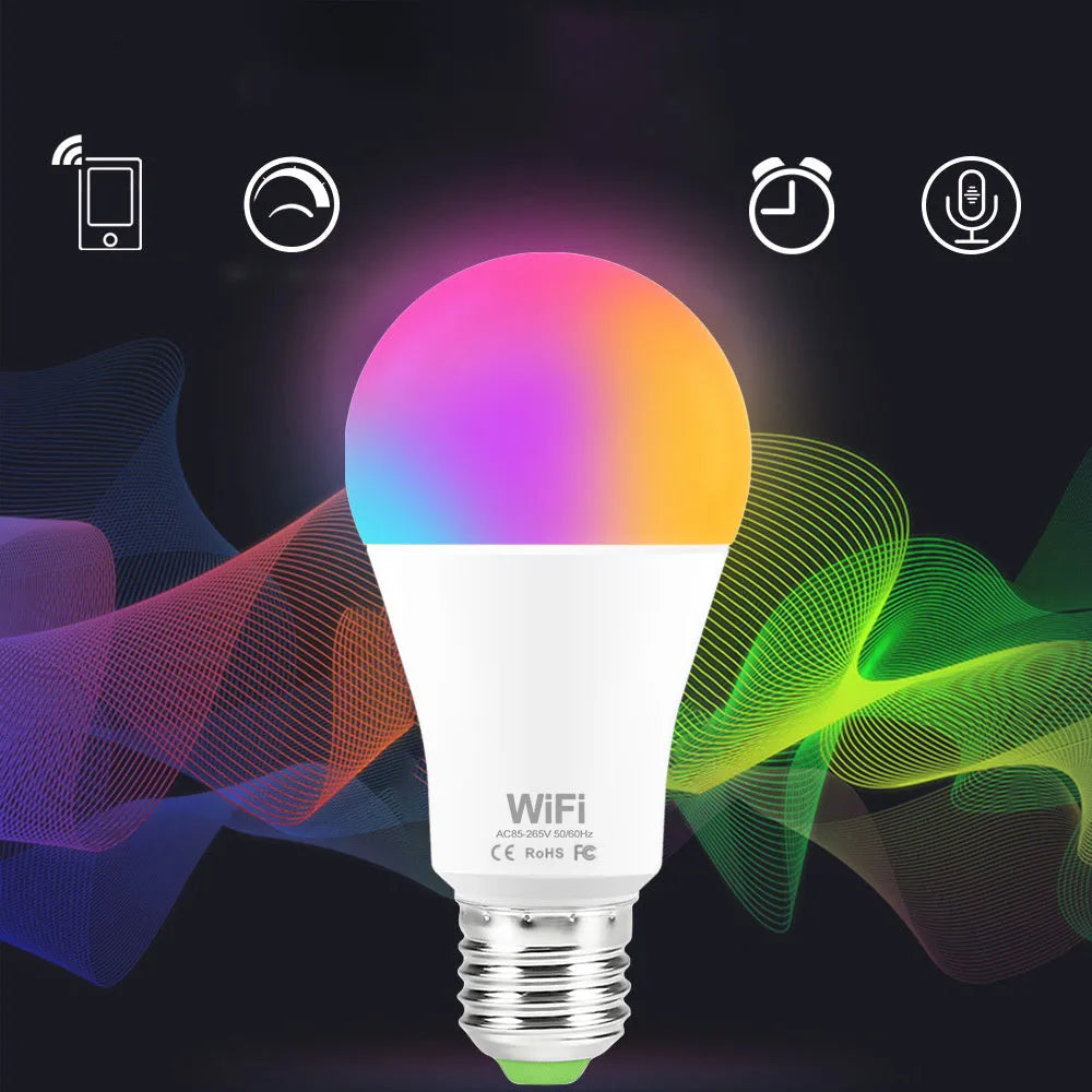 15W smart WiFi LED light bulb with RGB colour and white light modes for E27 and B22 fittings.
