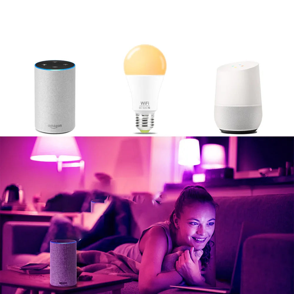 15W smart WiFi LED light bulb with RGB colour and white light modes for E27 and B22 fittings.