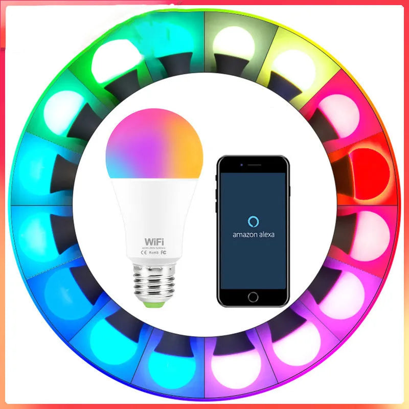 15W smart WiFi LED light bulb with RGB colour and white light modes for E27 and B22 fittings.