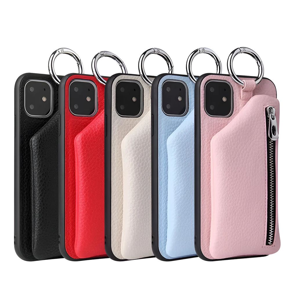 Pink PU leather iPhone case with a long crossbody lanyard strap and a card slot on the back.