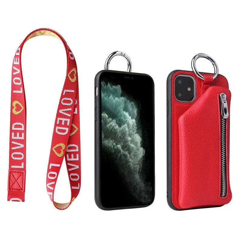 Pink PU leather iPhone case with a long crossbody lanyard strap and a card slot on the back.