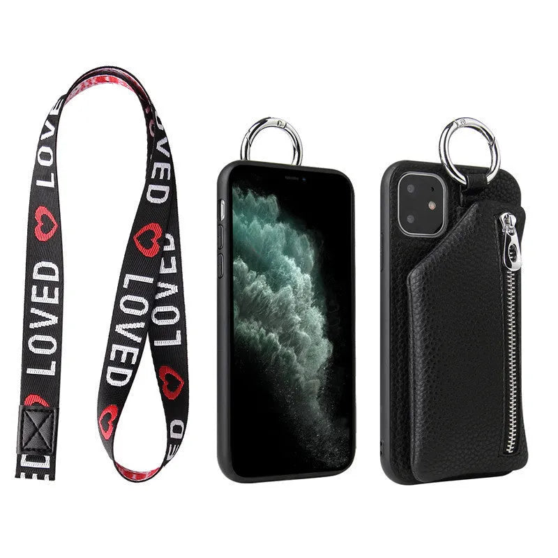 Pink PU leather iPhone case with a long crossbody lanyard strap and a card slot on the back.