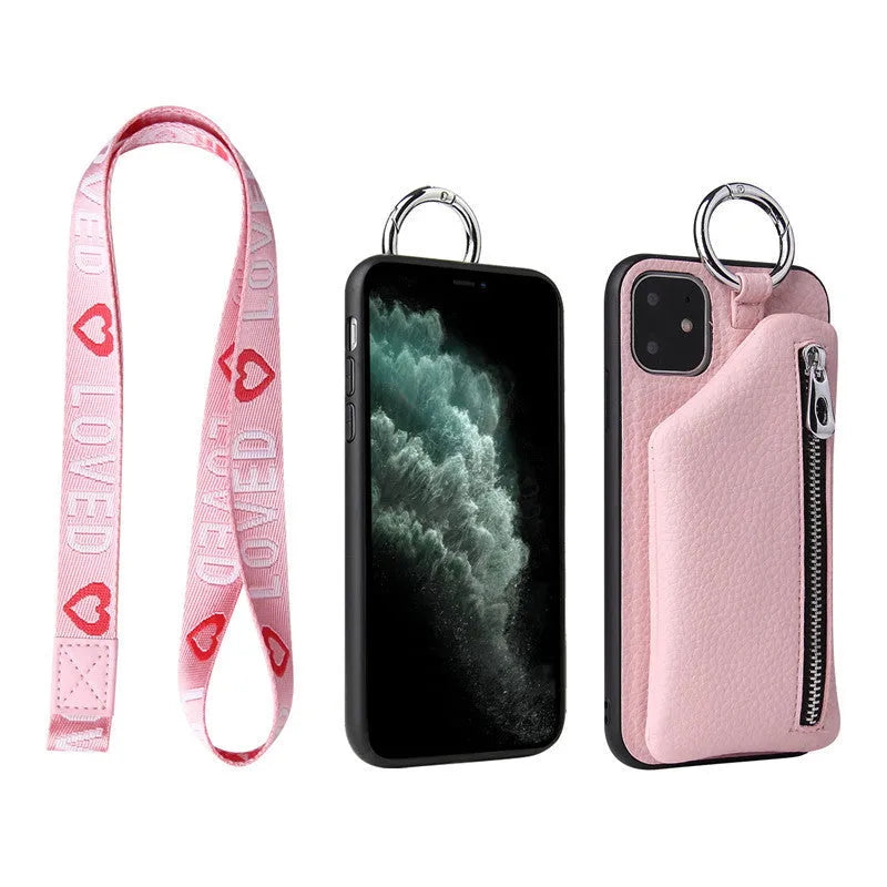Pink PU leather iPhone case with a long crossbody lanyard strap and a card slot on the back.