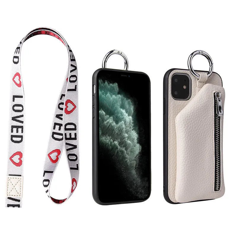 Pink PU leather iPhone case with a long crossbody lanyard strap and a card slot on the back.