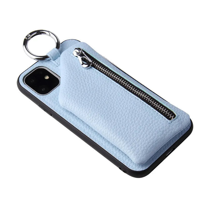 Pink PU leather iPhone case with a long crossbody lanyard strap and a card slot on the back.