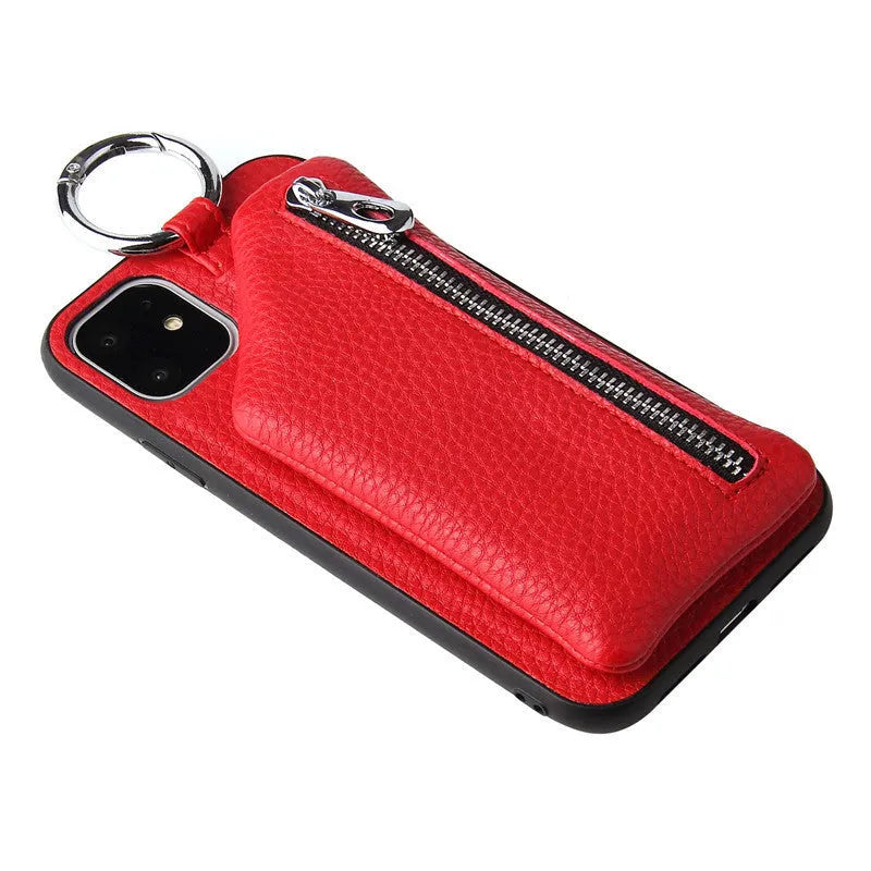 Pink PU leather iPhone case with a long crossbody lanyard strap and a card slot on the back.