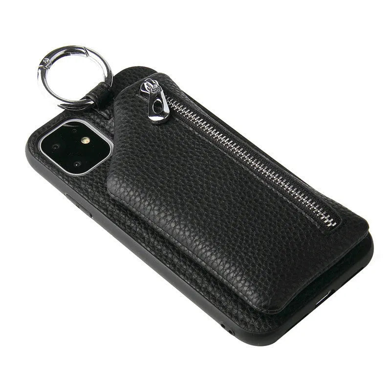 Pink PU leather iPhone case with a long crossbody lanyard strap and a card slot on the back.