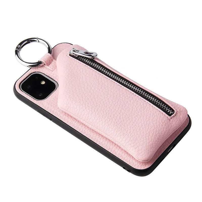 Pink PU leather iPhone case with a long crossbody lanyard strap and a card slot on the back.