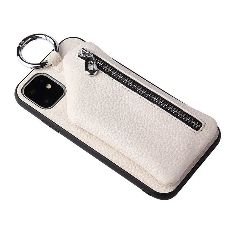 Pink PU leather iPhone case with a long crossbody lanyard strap and a card slot on the back.