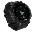 Smart sports watch with stainless steel bezel on a black nylon strap, showing GPS tracking and heart rate data on screen.