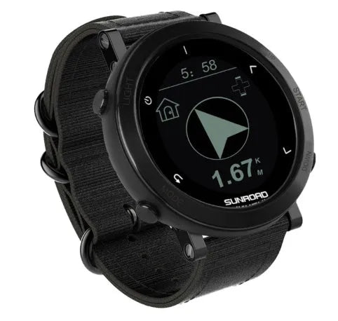 Smart sports watch with stainless steel bezel on a black nylon strap, showing GPS tracking and heart rate data on screen.
