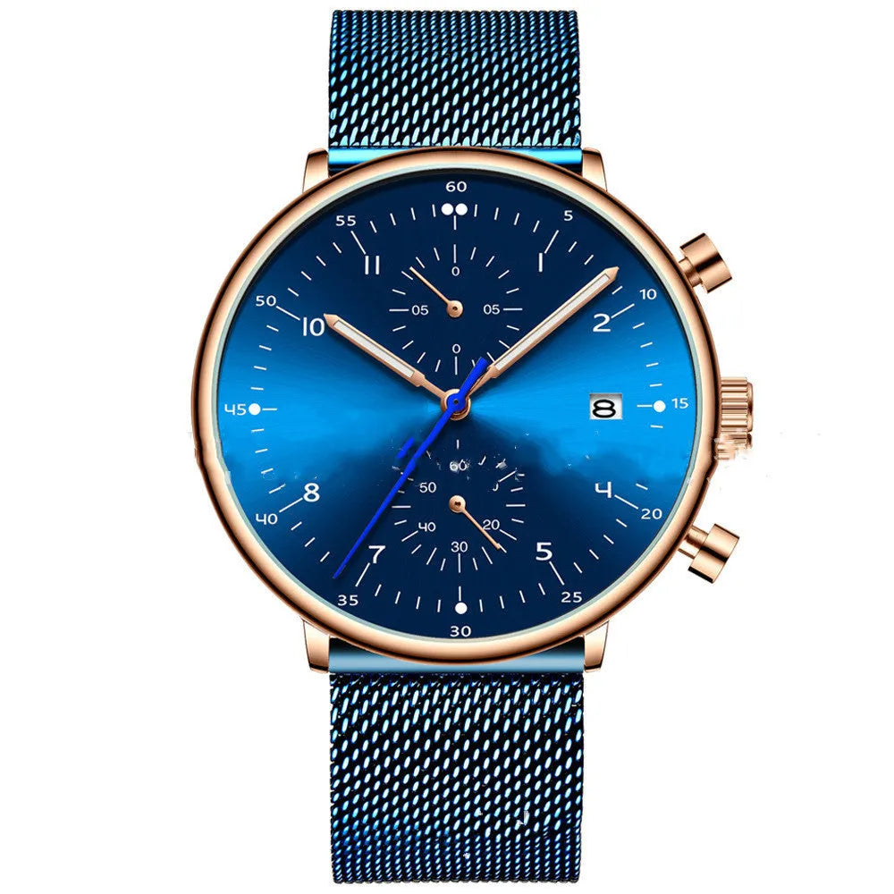 Men's alloy quartz wristwatch with round dial, 30M water resistance, blue and rose colour options