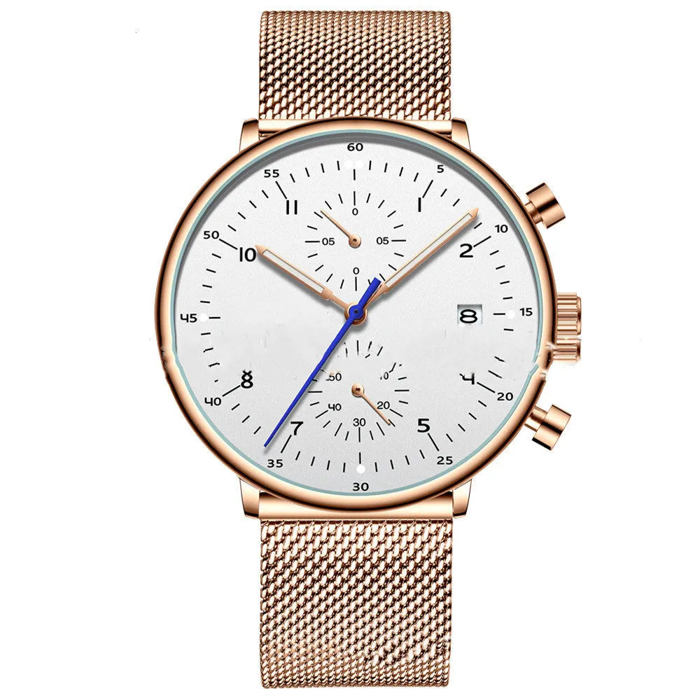 Men's alloy quartz wristwatch with round dial, 30M water resistance, blue and rose colour options