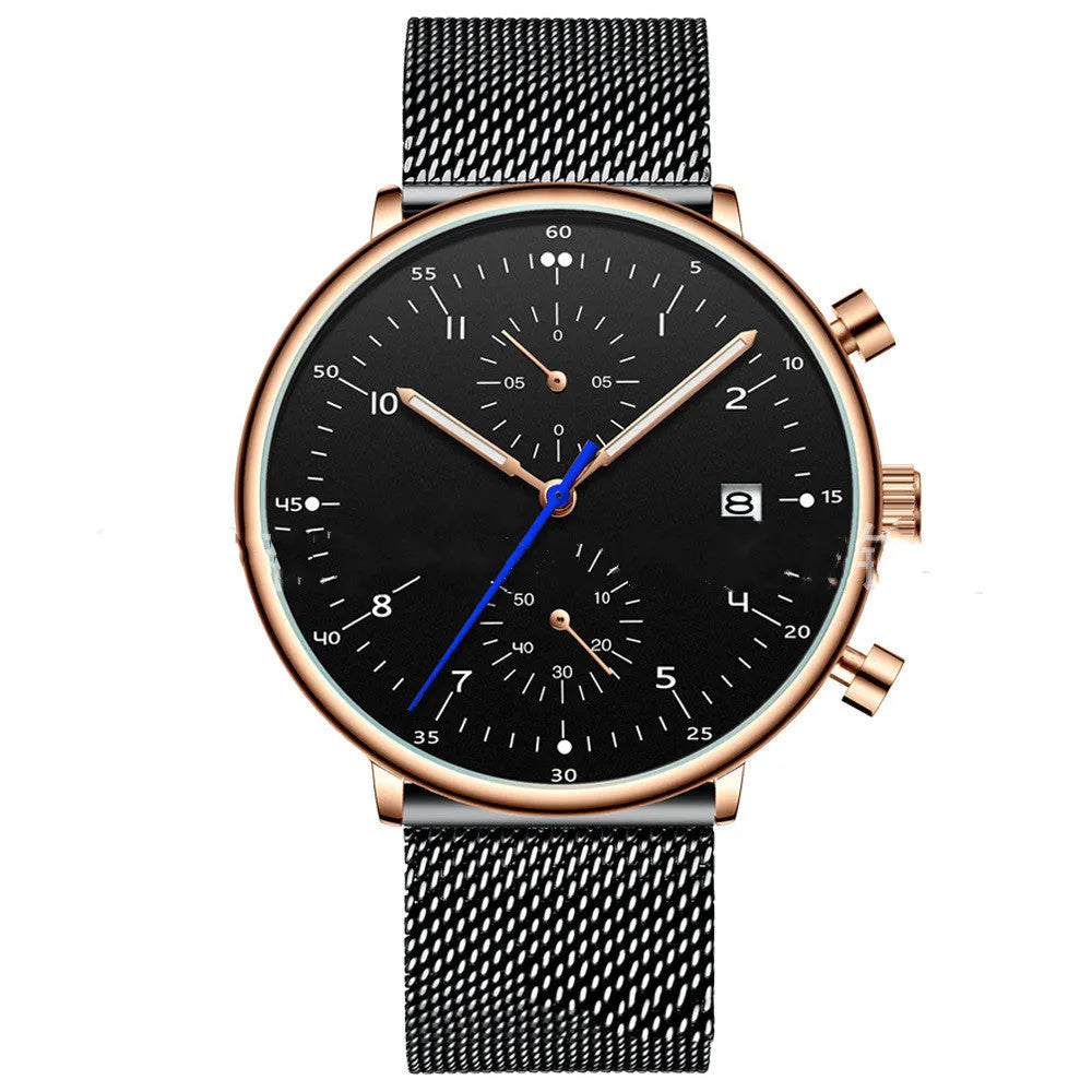 Men's alloy quartz wristwatch with round dial, 30M water resistance, blue and rose colour options