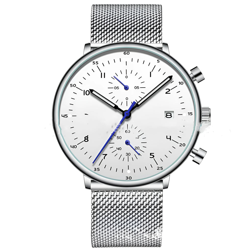 Men's alloy quartz wristwatch with round dial, 30M water resistance, blue and rose colour options