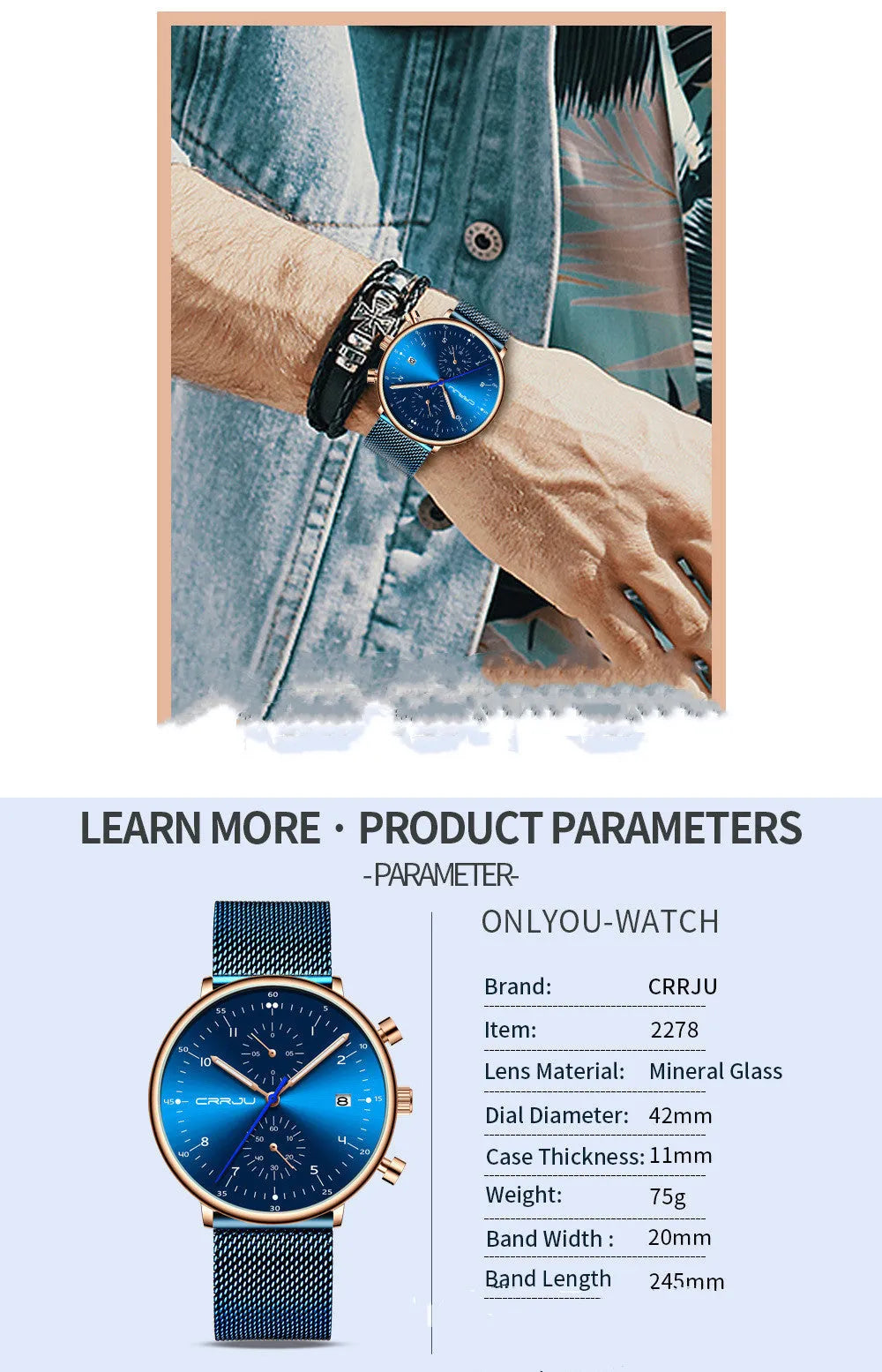 Men's alloy quartz wristwatch with round dial, 30M water resistance, blue and rose colour options