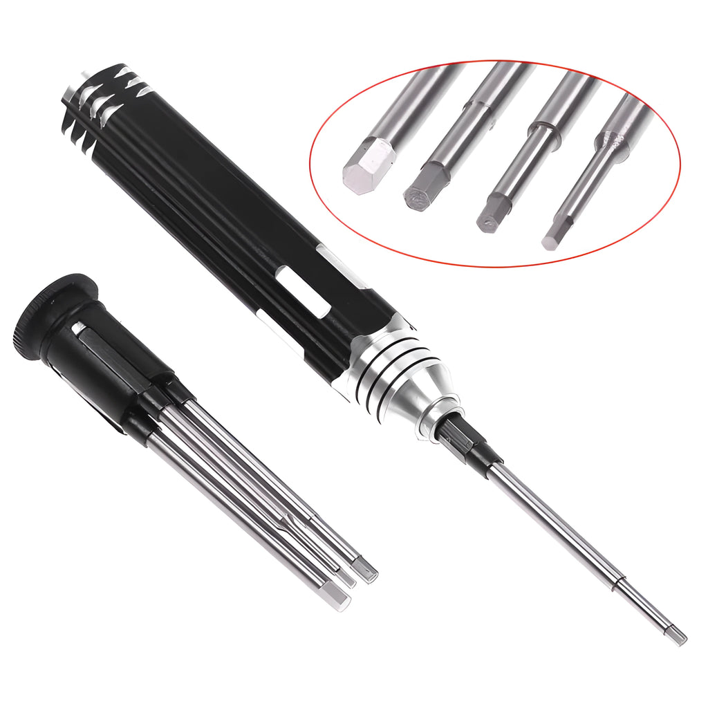 Black aeromodelling hexagon socket screwdriver set with four tool bits stored in aluminium handle