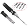 Black aeromodelling hexagon socket screwdriver set with four tool bits stored in aluminium handle