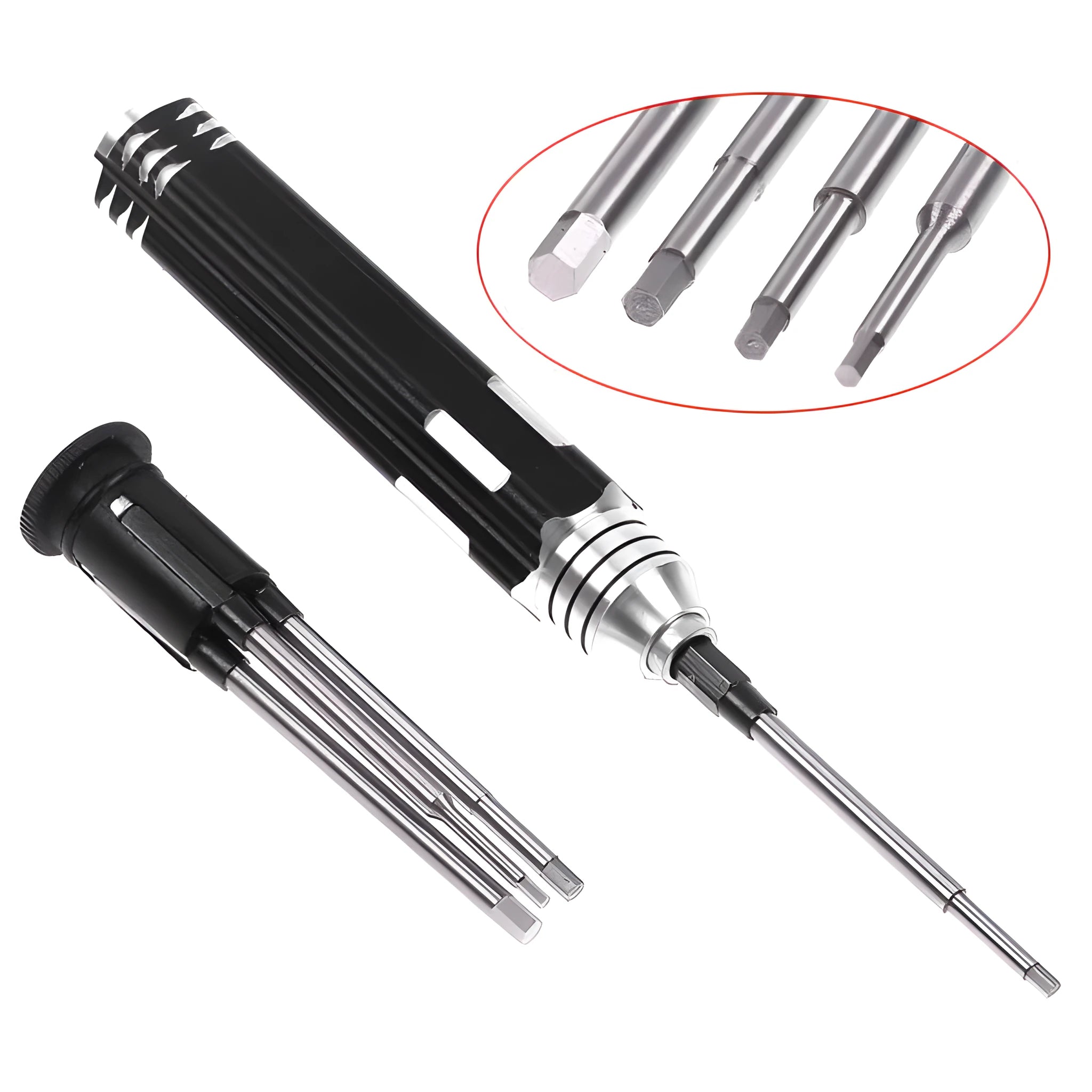 Black aeromodelling hexagon socket screwdriver set with four tool bits stored in aluminium handle