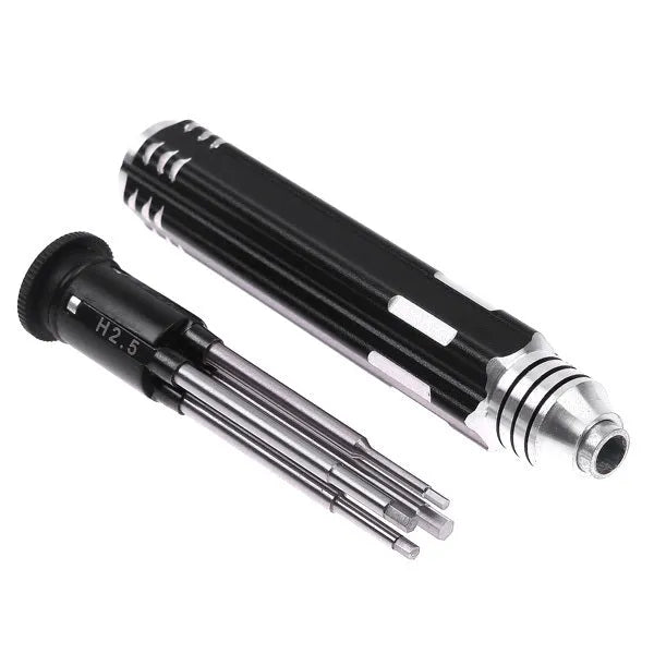 Black aeromodelling hexagon socket screwdriver set with four tool bits stored in aluminium handle