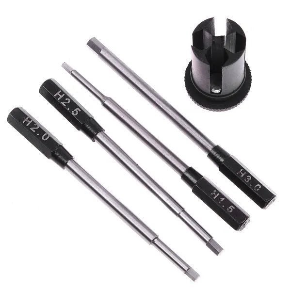 Black aeromodelling hexagon socket screwdriver set with four tool bits stored in aluminium handle
