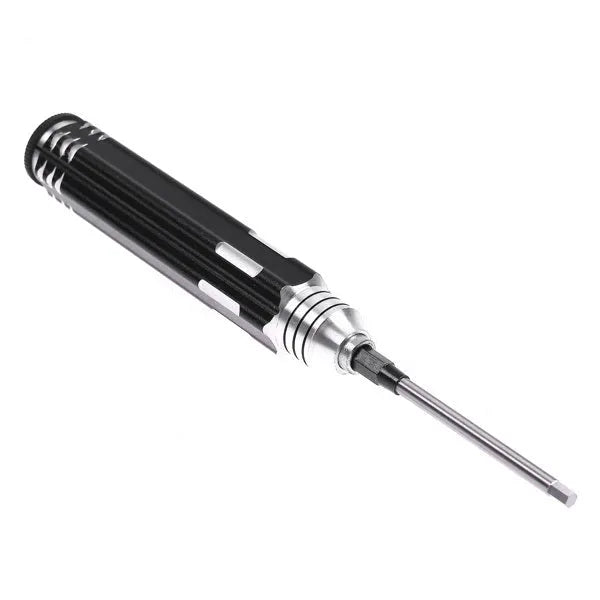Black aeromodelling hexagon socket screwdriver set with four tool bits stored in aluminium handle