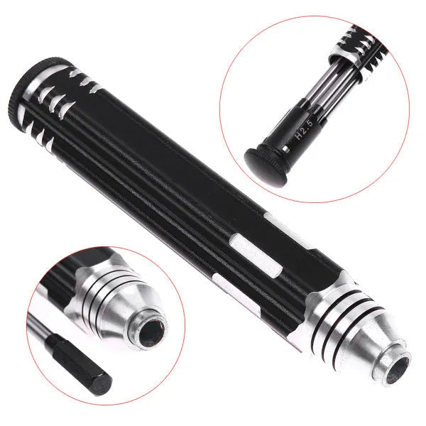 Black aeromodelling hexagon socket screwdriver set with four tool bits stored in aluminium handle
