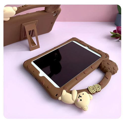 Brown cartoon silicone iPad sleeve with portable bracket design for tablet protection