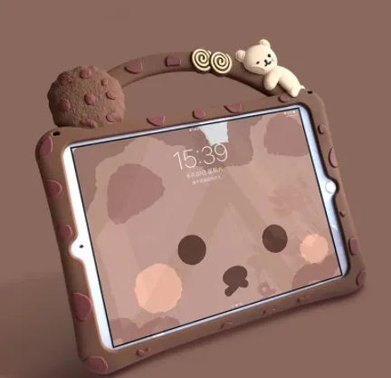 Brown cartoon silicone iPad sleeve with portable bracket design for tablet protection