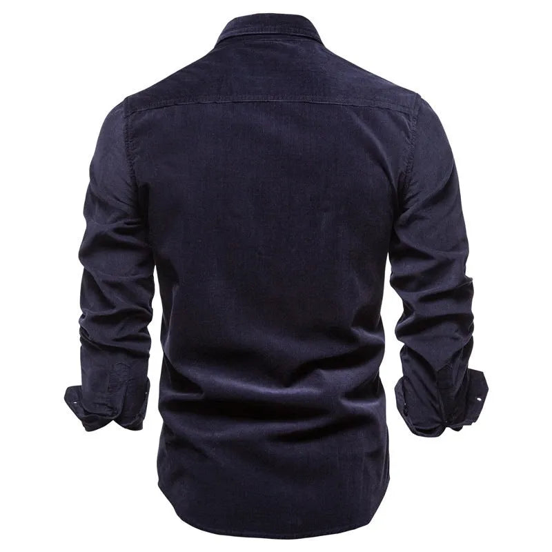 Denim blue linen long-sleeved shirt for men showing front view with Asian sizing options available