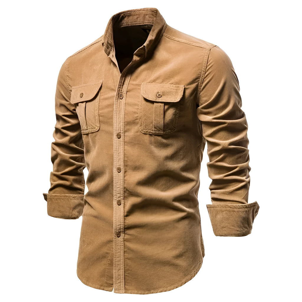 Denim blue linen long-sleeved shirt for men showing front view with Asian sizing options available