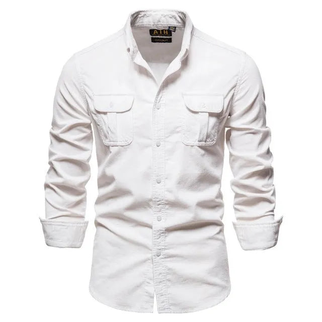 Denim blue linen long-sleeved shirt for men showing front view with Asian sizing options available