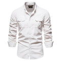 Denim blue linen long-sleeved shirt for men showing front view with Asian sizing options available