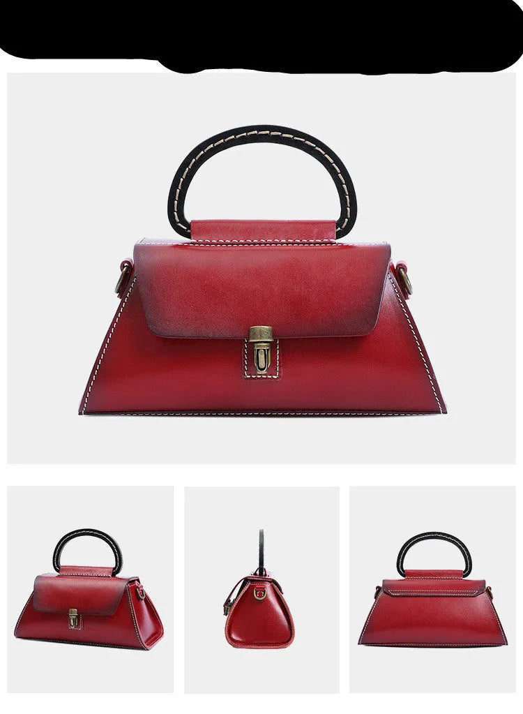 Women's genuine leather handbag with first layer cowhide, plain design, single strap, in yellow-brown, green or red.