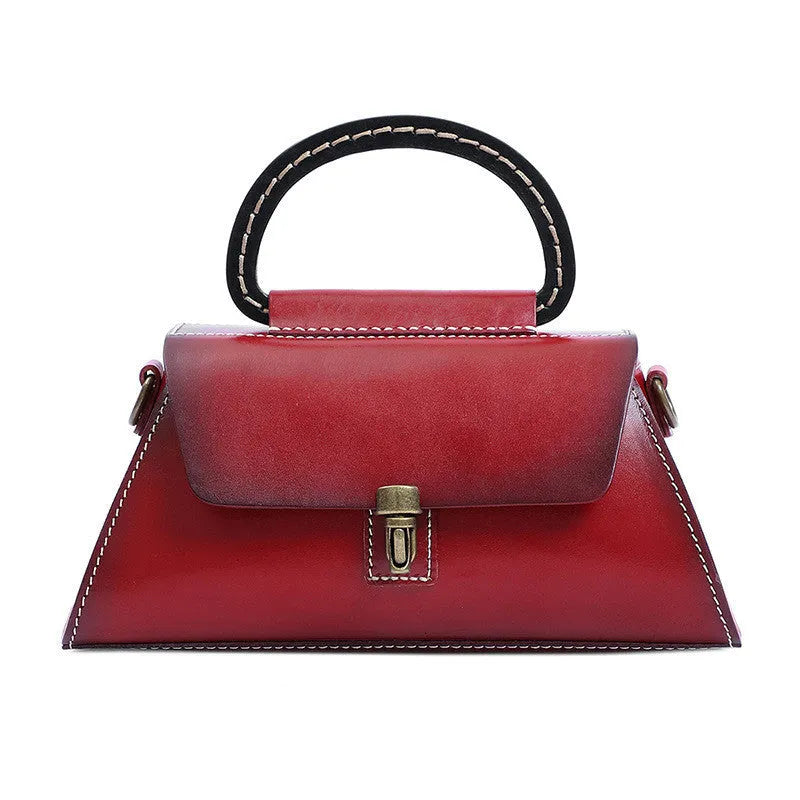 Women's genuine leather handbag with first layer cowhide, plain design, single strap, in yellow-brown, green or red.