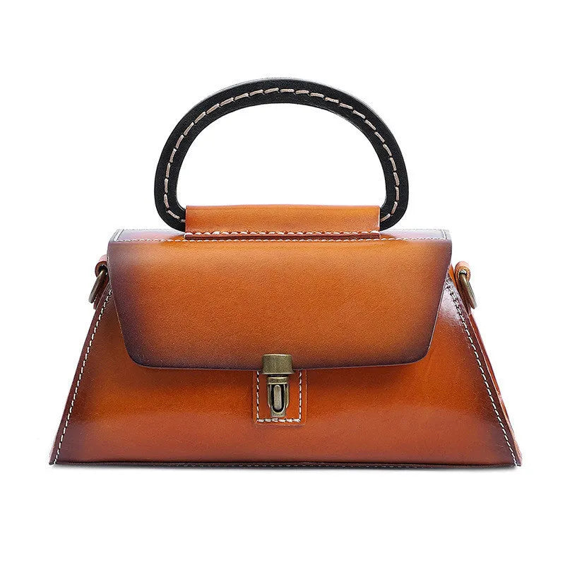 Women's genuine leather handbag with first layer cowhide, plain design, single strap, in yellow-brown, green or red.
