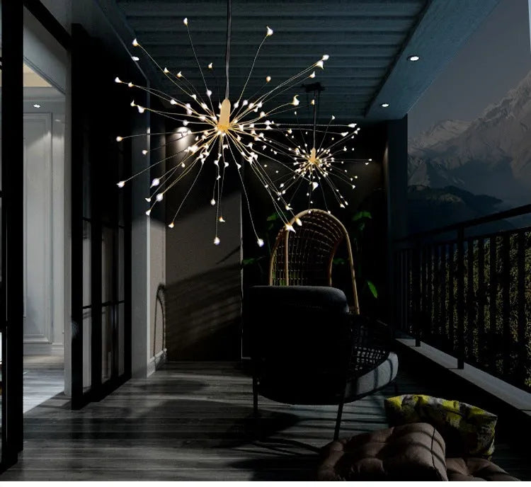 Solar-powered firework style LED meteor shower light hanging outdoors