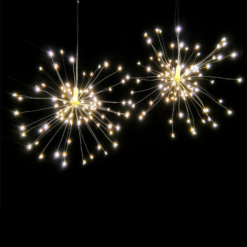Solar-powered firework style LED meteor shower light hanging outdoors