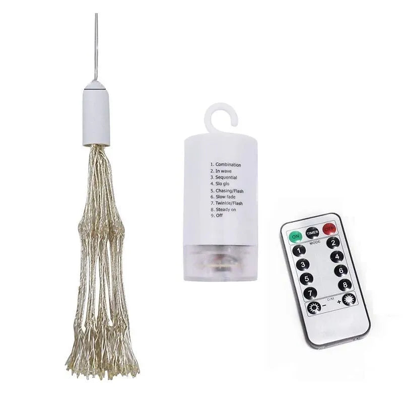 Solar-powered firework style LED meteor shower light hanging outdoors