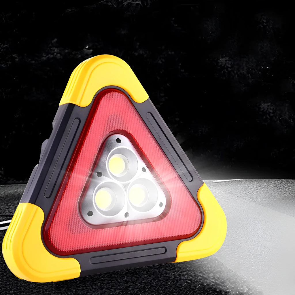 Car warning triangle with solar light and COB LED lamp, portable emergency work light with ABS and aluminium alloy body